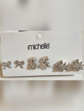 Silver Bow, Teddy Bear, and Crown Crystal Stud Earrings for Kids